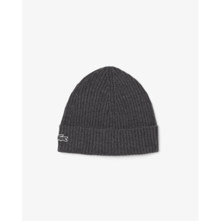 Lacoste - Bonnet en laine peignée côtelée Gris Chiné