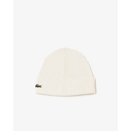 Lacoste - Bonnet en laine peignée côtelée Blanc