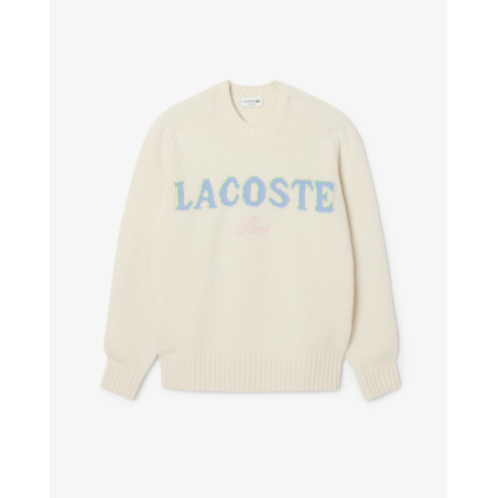 Lacoste - Pull laine cardée marquage Blanc / Violet